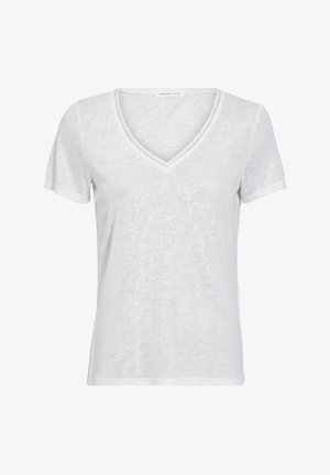 Witte T-shirt met korte mouwen en V-hals, gemaakt van lichtgewicht stof, met een textuurafwerking langs de halslijn. Eenvoudig en casual ontwerp.