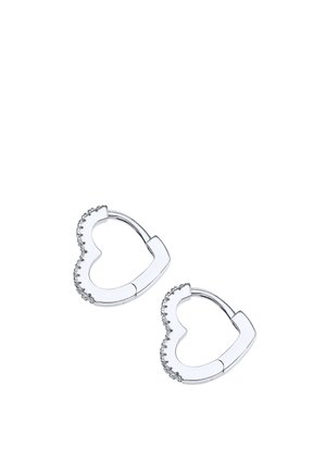 Pair of silver heart-shaped hoop earrings with small embedded clear stones along one side.