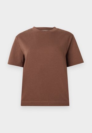 Brown cotton t-shirt with a crew neckline, short sleeves, and a relaxed fit. Smooth texture and no visible patterns or embellishments.