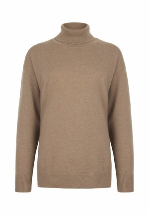 Beżowy sweter z golfem, wykonany z miękkiej dzianiny, z prążkowanym kołnierzem i manżetami, o luźnym kroju i prostym dołem.