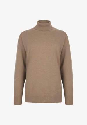 Beżowy sweter z golfem, wykonany z miękkiej dzianiny, z prążkowanym kołnierzem i manżetami, o luźnym kroju i prostym dołem.