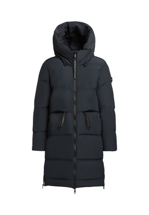 Manteau doudoune bleu marine avec fermeture éclair à l'avant, grande capuche et cordons de réglage. Dispose de deux poches avant et d'une texture lisse et isolante.