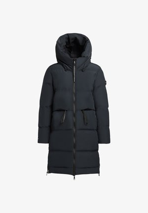 Navy blue puffer coat with a zip front, large hood, and adjustable toggles. Features two front pockets and a smooth, insulated texture.