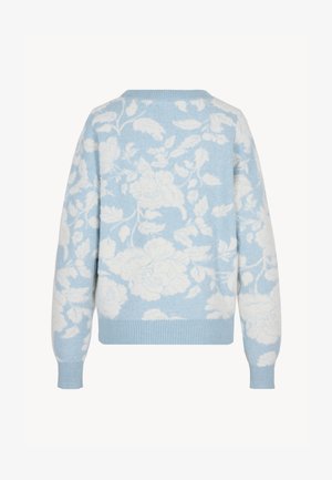 Jasnoniebieski sweter z białym kwiatowym wzorem, z prążkowanym okrągłym dekoltem, mankietami i dołem, widziany od tyłu.