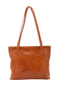 Borsa tote in pelle marrone con due lunghe cinghie, texture liscia e corpo rettangolare spazioso. Accenti di cucitura lungo i bordi.