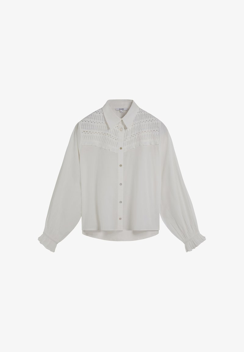 White blouse with a button-down front, structured collar, and intricate lace panel at the chest. Features long, billowy sleeves with gathered cuffs.