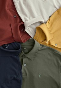 Kolekcja pięciu koszulek polo w różnych kolorach: oliwkowym, granatowym, musztardowym, jasnobeżowym i bordowym. Tkanina bawełniana z detalami na guziki.