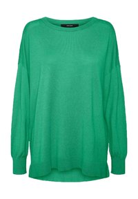Zielony, lekki sweter dzianinowy o luźnym kroju, szerokim dekolcie i długich rękawach. Posiada strukturalny ściągacz oraz detale przy mankietach.