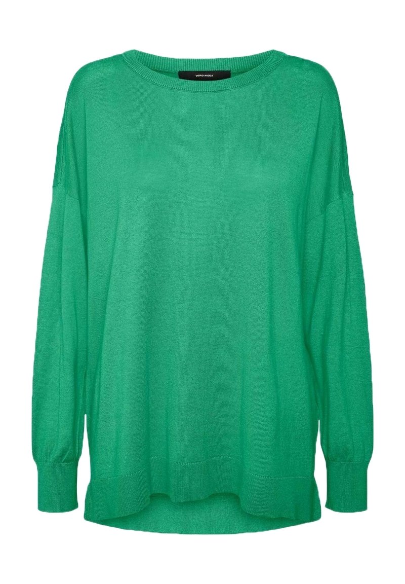 Zielony, lekki sweter dzianinowy o luźnym kroju, szerokim dekolcie i długich rękawach. Posiada strukturalny ściągacz oraz detale przy mankietach.
