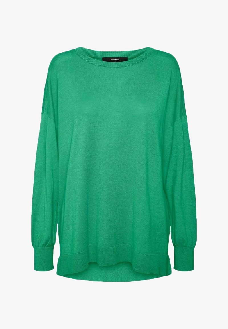 Zielony, lekki sweter dzianinowy o luźnym kroju, szerokim dekolcie i długich rękawach. Posiada strukturalny ściągacz oraz detale przy mankietach.