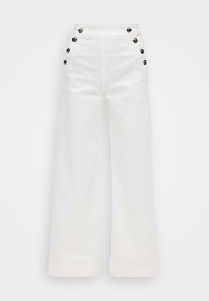 Witte broek met brede pijpen en hoge taille, vijf zwarte knopen aan elke kant, en een gladde katoenen stofstructuur. Strak ontwerp, zonder patronen.