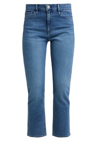 Blå denimjeans, avkortad längd, hög midja, femfickorsdesign, subtil blekt textur, silverknappsstängning, något fransad fåll.