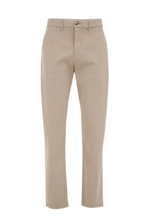 Pantalones de algodón beige con un diseño de pierna recta, que cuentan con un cierre de botón, trabillas para el cinturón y una tela sutilmente texturizada.