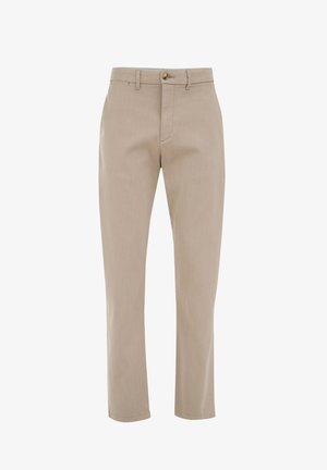 Pantaloni din bumbac bej cu un design drept, dotati cu inchidere buton, brate pentru curea si tesatura subtil texturata.