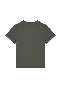 Olijfgroen t-shirt met korte mouwen en een ronde hals, gemaakt van zacht materiaal. De achterkant is eenvoudig zonder zichtbare logo's of patronen.