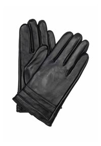 Czarne skórzane rękawice o gładkim wykończeniu, z trzema wyraźnymi szwami w okolicy nadgarstka i dopasowaniem zapewniającym ciepło i komfort.
