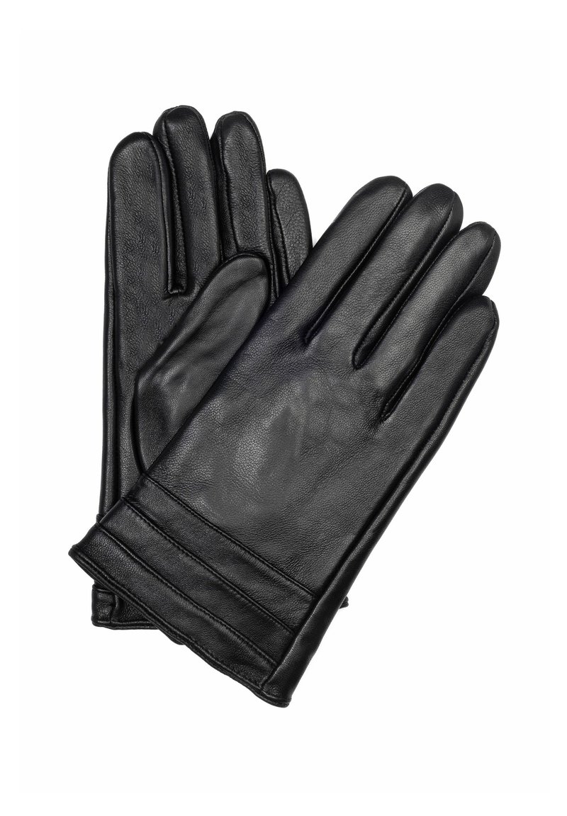 Czarne skórzane rękawice o gładkim wykończeniu, z trzema wyraźnymi szwami w okolicy nadgarstka i dopasowaniem zapewniającym ciepło i komfort.