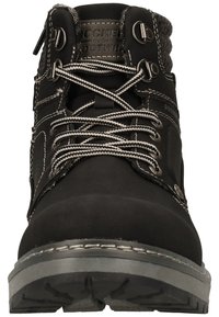 Botas de tobillo impermeables negras con tejido texturizado pesado, cordones grises en contraste, ojales metálicos y suela de goma con patrones de agarre.