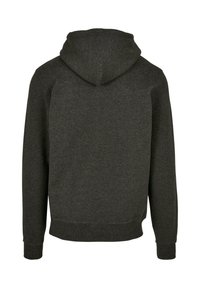 Dunkelgrauer Hoodie aus weichem Stoff, mit einem Rückendesign, Kapuze, gerippten Bündchen und Saum. Schlichter, unauffälliger Stil.
