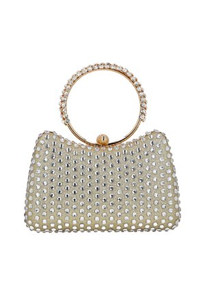 Mała złota kopertówka pokryta równomiernie rozmieszczonymi srebrnymi cyrkoniami, z okrągłym złotym uchwytem ozdobionym przezroczystymi kryształami.