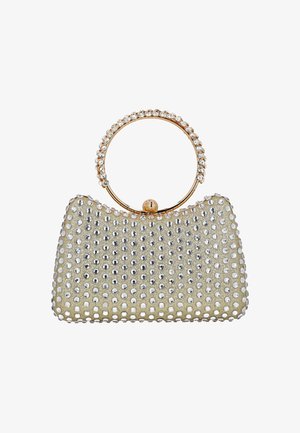 Plic mic auriu acoperit cu strasuri argintii așezate uniform și mâner rotund auriu decorat cu cristale transparente.