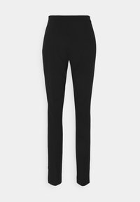 Svarta byxor med rak bendesign, elastisk midja och slät tygtextur. Har minimal detaljering och ingen synlig hårdvara.