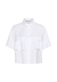 Hvid kortærmet skjorte med krave, skjulte frontknapper og lagdelt flæse-detalje over brystet.