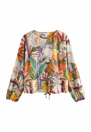 Bluse med lange ærmer og snor i kanten, med farverigt abstrakt blomstermønster og geometriske mønstre i orange, grønne, gule, lilla og blå toner.