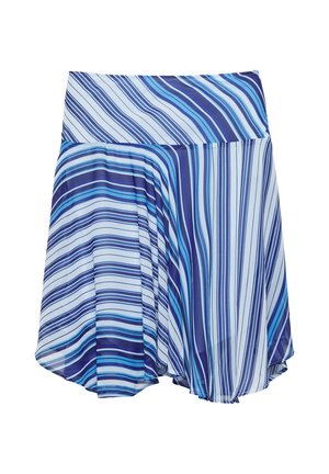 Jupe rayée bleue et blanche avec un ourlet asymétrique et une large ceinture, présentant des rayures dans différentes directions.