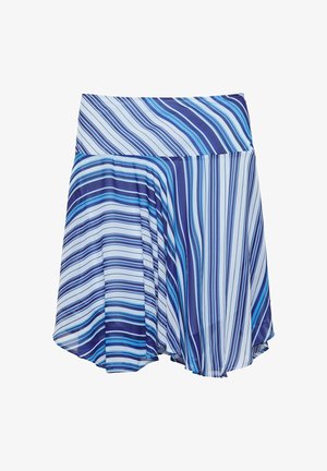 Jupe fluide rayée bleu et blanc avec des motifs diagonaux et verticaux variés portée sous le genou, montrant une partie des jambes et de la main de la personne qui la porte.