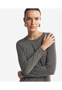 Langærmet grå top i et blødt stof med rund halsudskæring. Har tætsiddende ærmer og en afslappet pasform, båret af en model med naturlig makeup.