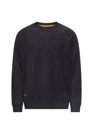 Sort langærmet crewneck-sweatshirt med ribbede manchetter og kant, lille gult logo nær bunden og delvist synlig inderkravekant.