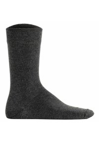 Graue Socke aus einem glatten, gestrickten Material. Verfügt über einen gerippten Bund und ein nahtloses Zehen-Design. Die Gesamform hat eine standardmäßige Knielänge.