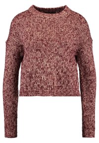 Maglione cropped a maniche lunghe in maglia spessa, con una miscela di bordeaux e beige, dotato di polsini e scollatura a costine.