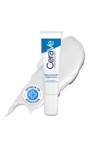 CeraVe regenerating eye cream in a white tube, featuring blue text and a dermatologist recommendation symbol, with a creamy white texture.