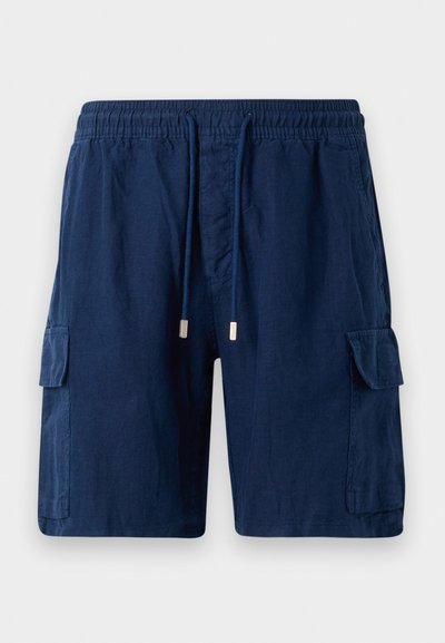 Navy zilganu krāsu šorti no viegla auduma, ar elastīgu jostu un auklu, divām sānu kabatām un vienu kabatu uz kājas.