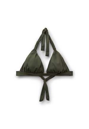 Olivengrøn trekantet bikinitop med rynkede skulderstropper og bindebånd ved nakke og ryg, vist mod hvid baggrund.