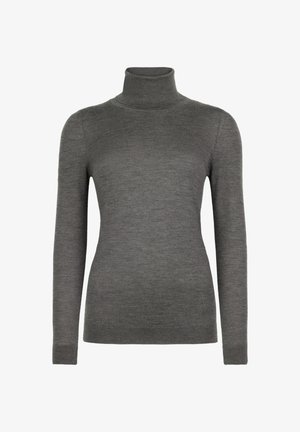 Grå polotröja i finstickad kvalitet. Har långa ärmar, en figurnära silhuett samt ribbade detaljer vid halsringning och ärmslut.