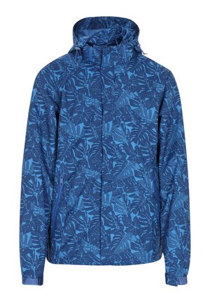 Sinine vihmajope, millel on kogu pinnale trükitud lehtede muster, täispikk tõmblukk, reguleeritav kapuuts ja tõmblukuga küljetaskud, et suurendada praktilisust.