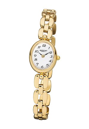Montre pour femmes en ton or, avec un cadran blanc ovale, des marqueurs d'heure noirs et un bracelet en métal doré poli à maillons.