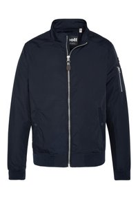 Casaco bomber azul-marinho com gola alta, fecho à frente, bolsos laterais e um bolso com fecho no braço. Textura suave, tecido leve.