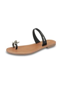 Infradito nere con una sola fascia, dotate di una soletta marrone e un dettaglio decorativo a forma di farfalla argentata sulla punta.