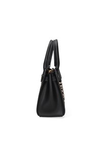 Zwarte leren handtas met een gestructureerde vorm, dubbele bovenhandvatten en een ritssluiting. Heeft een patroon aan de zijkant.