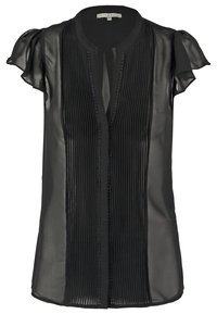 Blusa nera con maniche corte a volant, caratterizzata da pieghe verticali e una chiusura a bottoni con un dettaglio testurizzato lungo la fessura.