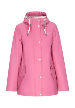 Giacca impermeabile rosa con cappuccio, bottoni a pressione argento, cordini regolabili e due tasche laterali. Materiale liscio e leggero.