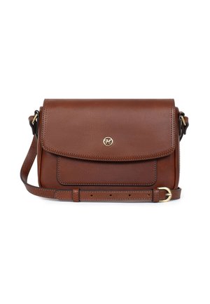 Sac bandoulière en cuir marron avec rabat avant, sangle réglable, boucle dorée et petit logo circulaire au centre du rabat.