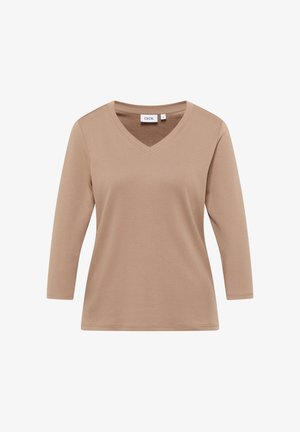 V-hals langærmet top i lys brun, lavet af blødt jersey-stof. Har en afslappet pasform og enkel syning langs udskæringen og ærmerne.