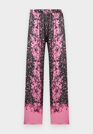 Pink and black wide-leg pants with a scale-like pattern and ornate baroque detailing near the hem on a plain background.