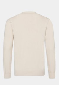 Beige trui met een ronde hals, lange mouwen en ribbelmanchetten. Gladde textuur en eenvoudig ontwerp, geschikt voor lagen.