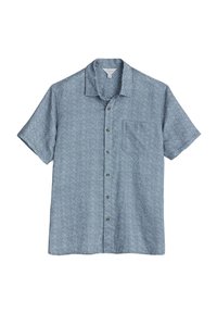 Blauw shirt met korte mouwen, geometrisch patroon, knoopsluiting aan de voorkant, kraag en één borstzak. Gemaakt van lichtgewicht stof.